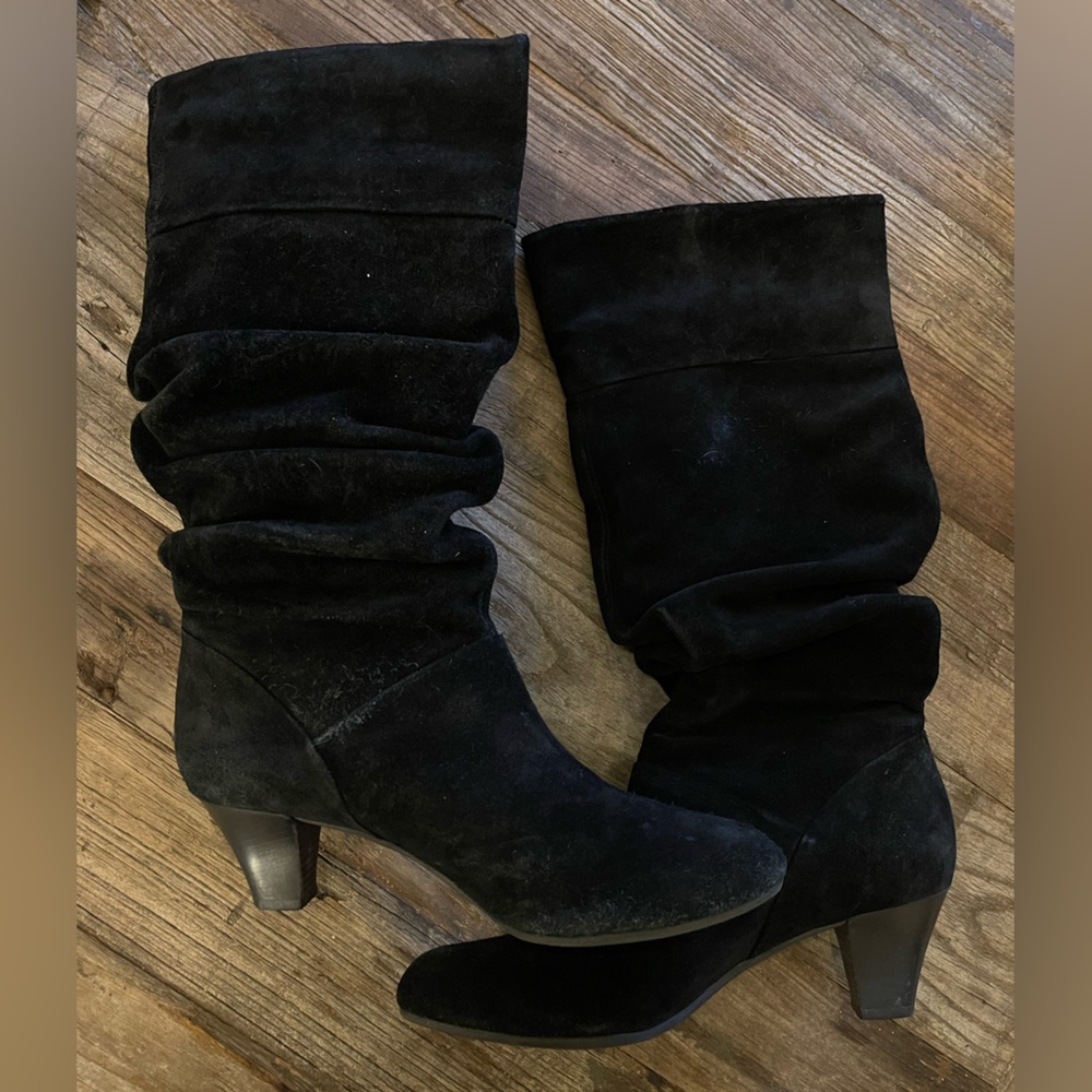 ANTONIO MELANI Black Suede Leather Heeled Slouch Boots — 10